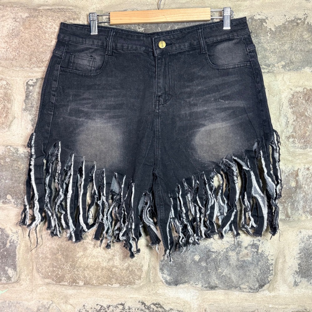 No Brand Women Black Distressed Fringe Denim Shorts High Waisted Size 2XL Grunge